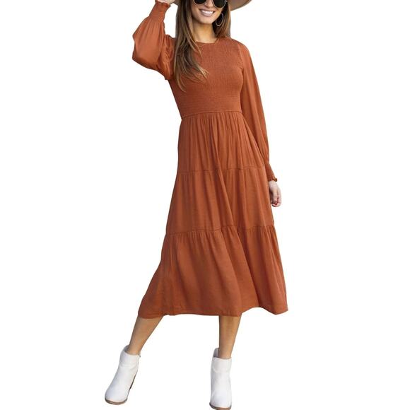Womens Long Sleeve Dress Crew Neck Fall Orange 2XL - Picture 1 of 6